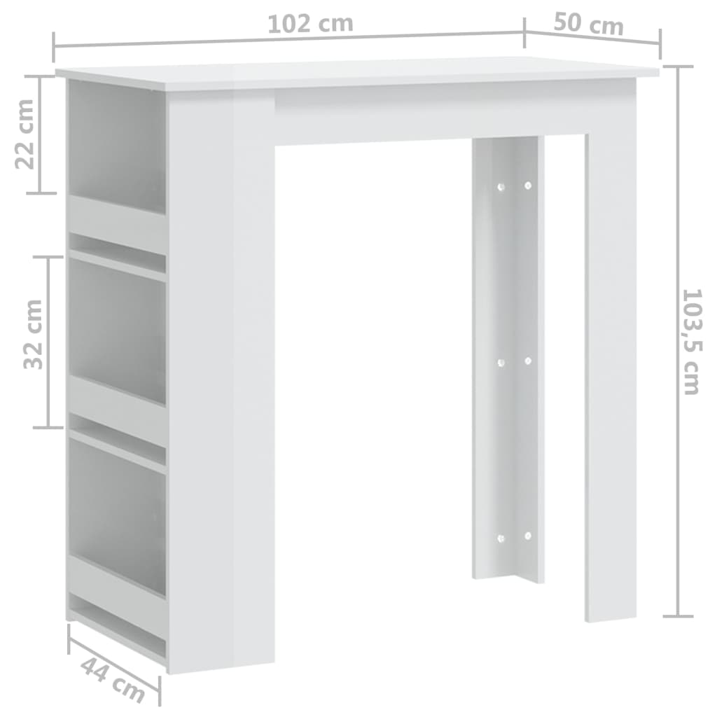 vidaXL Baaripöytä säilytystelineellä korkeakiilto valk 102x50x103,5 cm