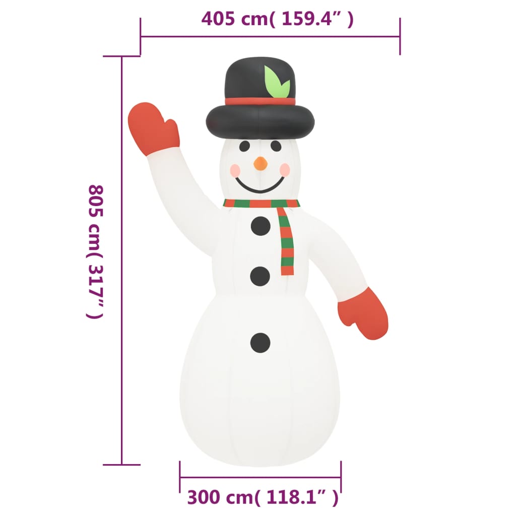 vidaXL Ilmatäytteinen jouluinen lumiukko LED-valoilla 805 cm