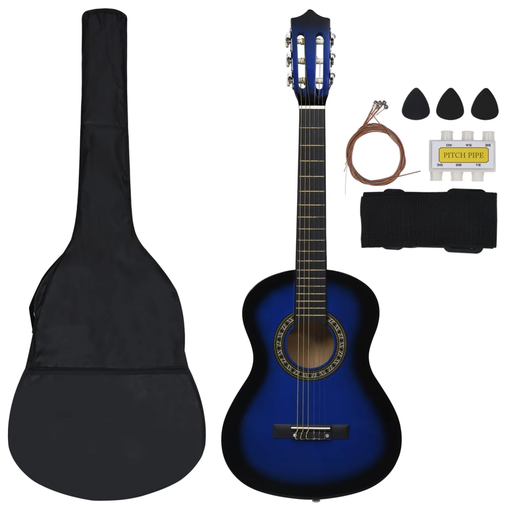 vidaXL 8-osainen klassinen kitara aloittelijan sarja sininen 1/2 34"