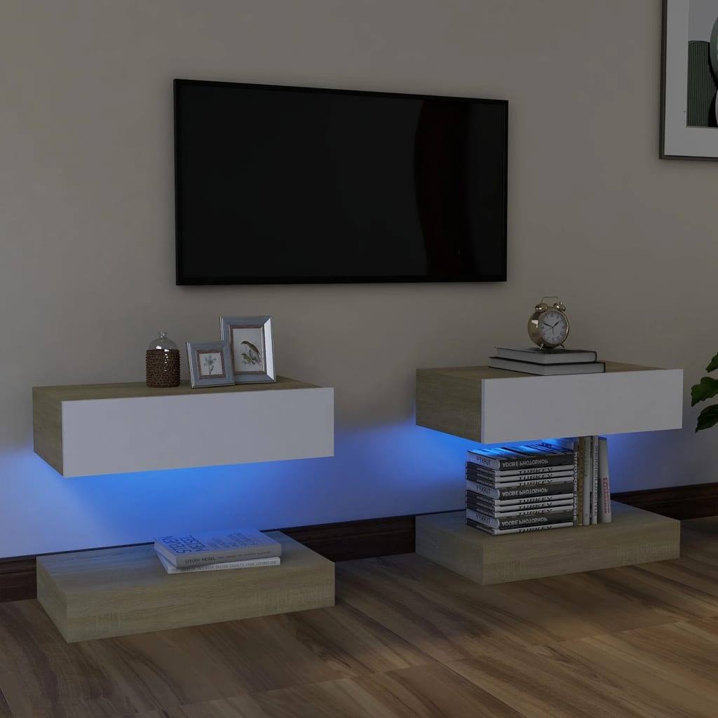 vidaXL TV-tasot LED-valoilla 2 kpl valkoinen ja Sonoma-tammi 60x35 cm