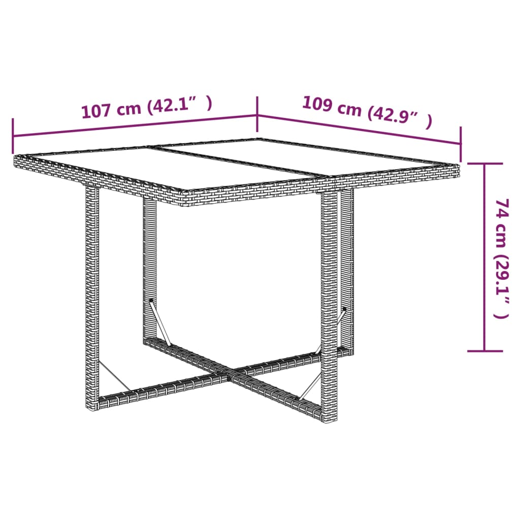vidaXL Puutarhapöytä ruskea 109x107x74 cm polyrottinki ja lasi