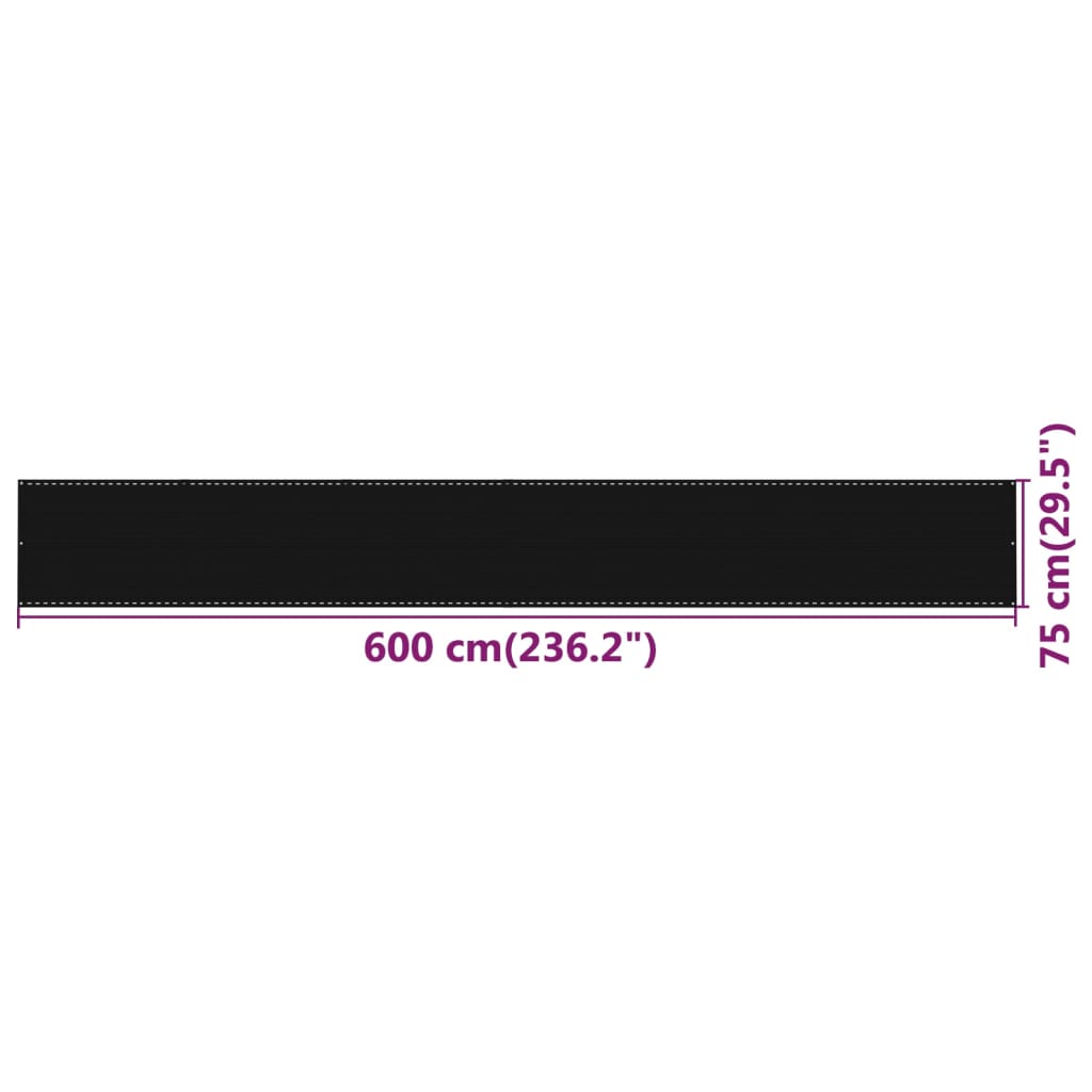 vidaXL Parvekkeen suoja musta 75x600 cm HDPE