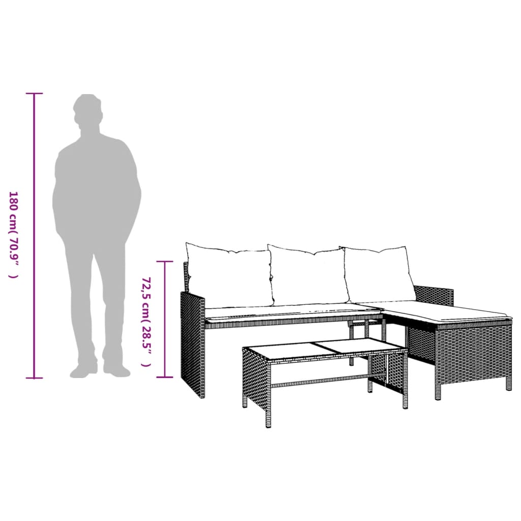 vidaXL L-muotoinen puutarhasohva pöytä ja tyynyt v.harmaa polyrottinki
