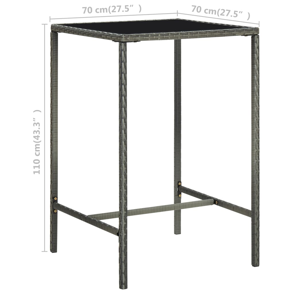 vidaXL Puutarhan baaripöytä harmaa 70x70x110 cm polyrottinki ja lasi