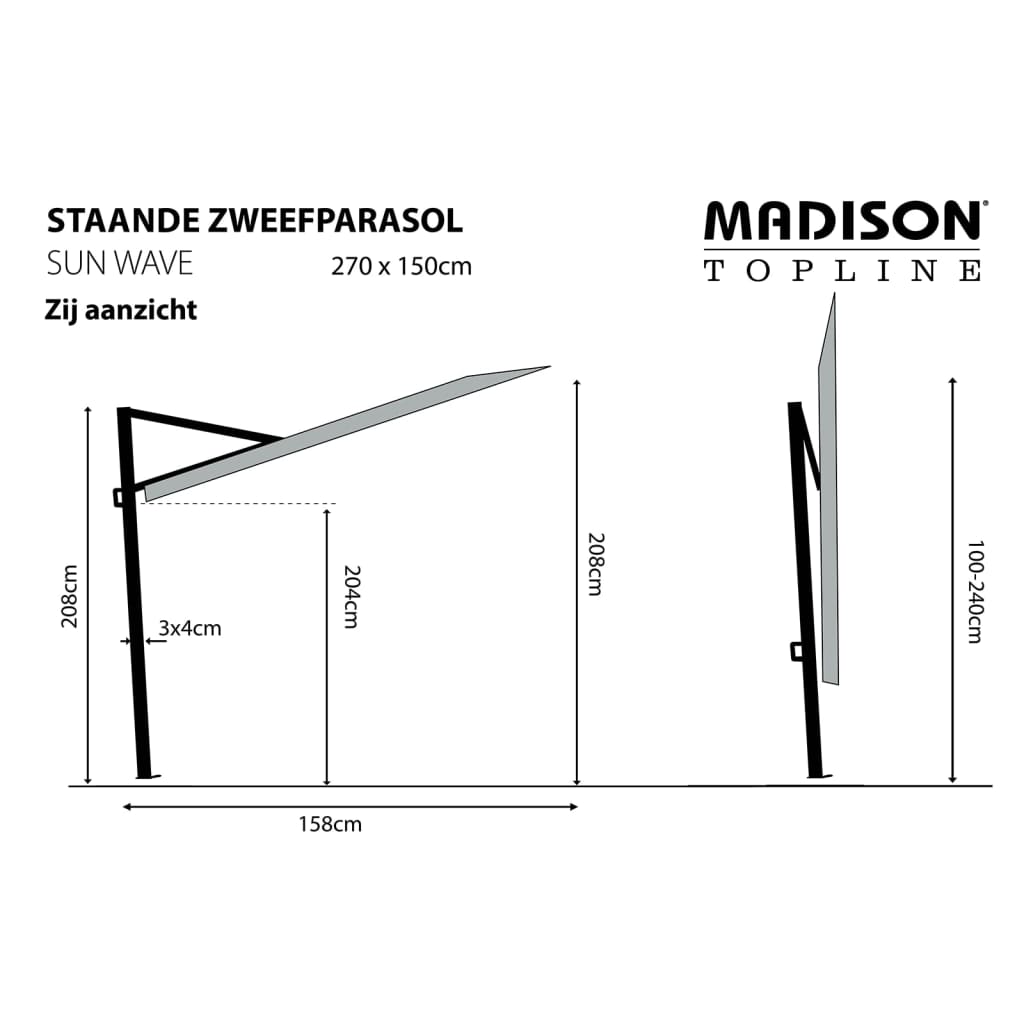 Madison Parvekkeen päivänvarjo Sun Wave 270x150 cm vaaleanharmaa