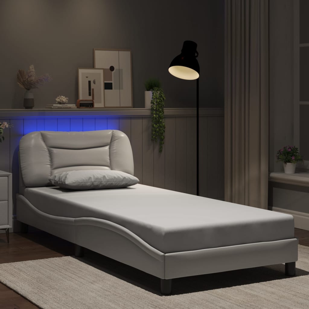 vidaXL Sängynrunko LED-valoilla valkoinen 90x190 cm keinonahka