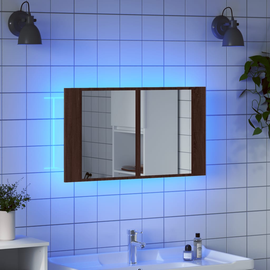 vidaXL Kylpyhuoneen LED peilikaappi ruskea tammi 80x12x45 cm akryyli