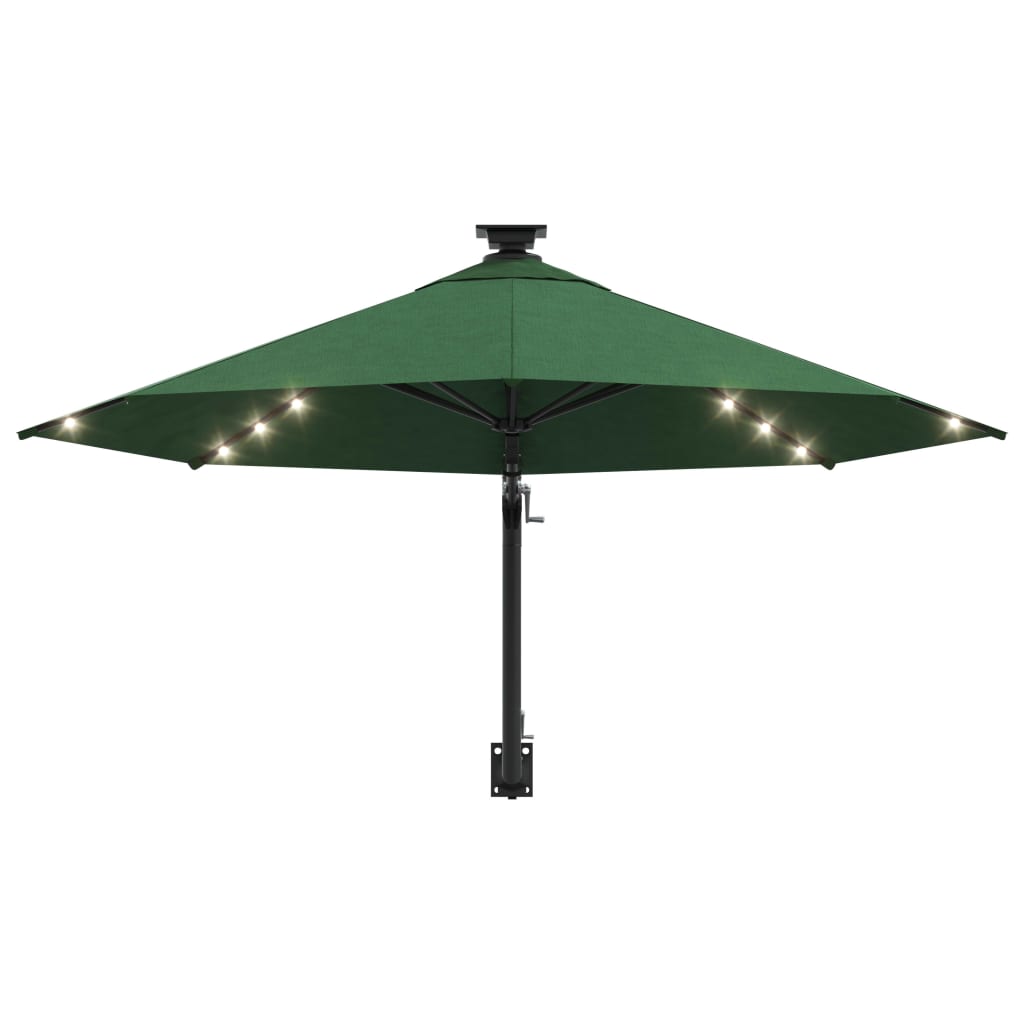vidaXL Seinäkiinnitteinen aurinkovarjo LED ja tolppa 300 cm vihreä