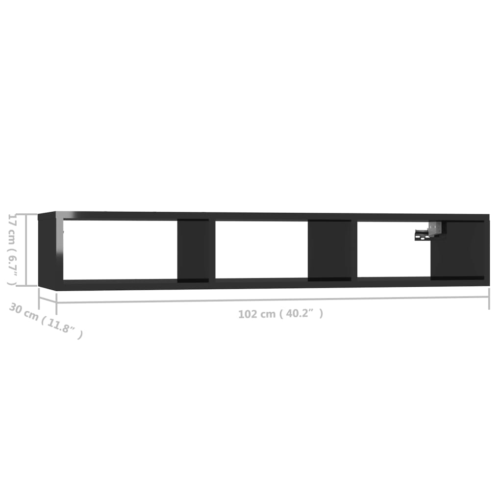 vidaXL Seinähylly korkeakiilto musta 102x30x17 cm lastulevy